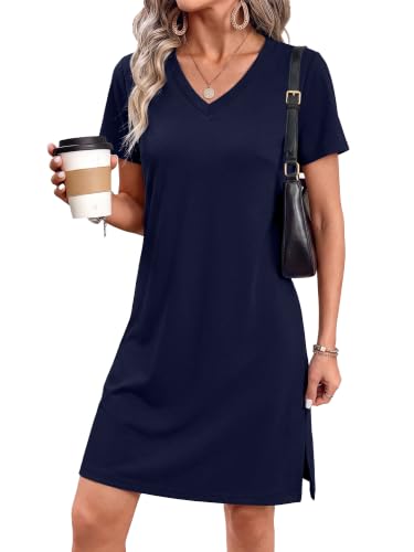RUMIA Summer Dresses for Women Short Sleeve Casual Dress Beach Vacation Clothes for Women Dress Mini Sundress Navy Large