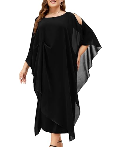 ZOMVA Plus Size Elegant Formal Dress Long Cape Overlay Wedding Guest Formal Cocktail Mother of Bride Outfit, Black, 4X