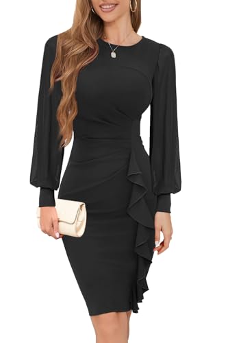 IHOT Women's Dresses for Wedding Guest Sheer Long Sleeve Ruched Sheath Midi Dress Funeral Work Cocktail Party Pencil Black Dresses for Women Black Large