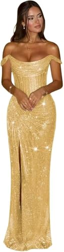 FJWZF Women's Off The Shoulder Prom Dresses 2026 Glitter Sequin Gold Ruched Mermaid Corset Long Cocktail Dress with Slit Size 10