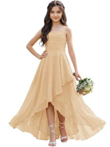 SYTSL Junior Bridesmaid Dress for Wedding 2026 Elegant Chiffon Flower Girls Champagne High Low A-Line Formal Dinner Maxi Gown for 11 Year Old SY887-Champagne-11