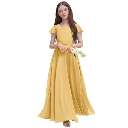 Ciynsia Junior Bridesmaid Dress 2026 Chiffon Bodice Flower Girl Dresses for Wedding Party Girls A Line Square Neck Holiday Party Dress for Teens Flutter Sleeves Formal Pageant Dresses Gold Size 16