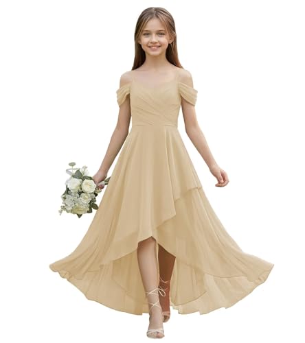 Qatuddl Junior Bridesmaid Dresses Champagne Chiffon Flower Girl Dress for Wedding High Low Jr Bridesmaid Dress for Teens Size 12