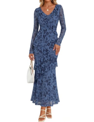 ZESICA Womens Fall Long Sleeve Wedding Guest Maxi Dresses Dusty Blue M | 2026 Early Fall Fashion, Bodycon, V Neck, Mesh Fabric, Tiered Ruffle, Boho Long Dress, Baby Shower, Cocktail, Bridal Dress