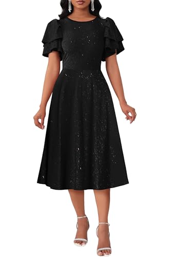 VERWIN Women's Ruffle Short Sleeve Sparkly Round Neck Pleated Skater Casual Party Cocktail Evening Midi Dress XL Black