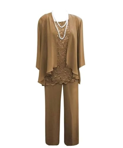 3 Pieces Mother of The Bride Dress Pant Suits with Jacket for Wedding Long Sleeve Lace Formal Outfits for Women PG028 Brown