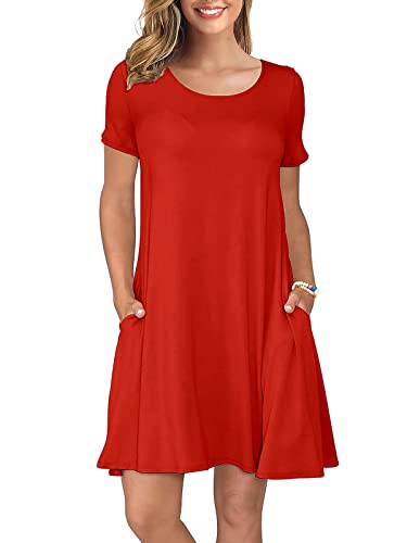 KORSIS Summer Dresses for Women Red Large Casual T Shirt Sundress Short Sleeve Swing Flowy Ladies Beach Vacation Tunic Dresses with Pockets