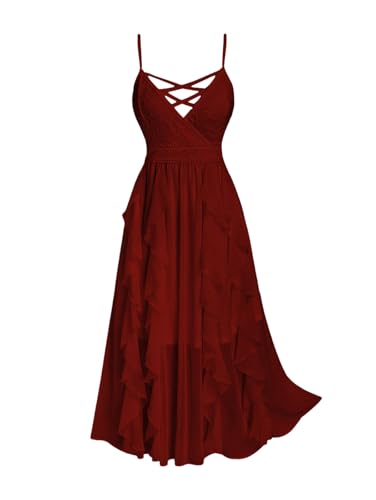 ROSE GAL Plus Size Party Dress for Women Valentine Lace Ruffles Cirsscross Cocktail Dress Bridesmaid Dress Wedding Guest Dress Maxi Cami Formal Dress(Red_1/5X)