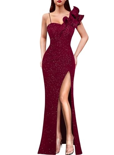 VFSHOW Womens Ruffle One Shoulder Formal Prom Gala Maxi Dress Evening Gown | V Neck, Bodycon, Sexy Ruched High Slit, Long Cocktail Wedding Guest Dresses, Party, Bridesmaid, Sparkly Dark Red, L