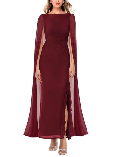 MAYFASEY Women's Sexy Ruched Cape Sleeve Crewneck Cocktail Bodycon Dress Formal Wedding Guest Date Night Club Party Dresses Wine Red L