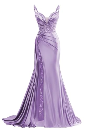 V Neck Satin Prom Dresses Long Mermaid Lace Formal Evening Gown with Slit