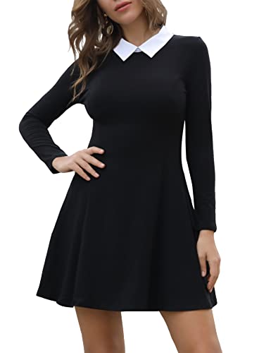 Aphratti Women's Long Sleeve Peter Pan Collar Goth Dress Black X-Large | Casual Fall Outfits Collared A Line Fit and Flare Skater Gothic Witch Dress Goth Witchy Clothes