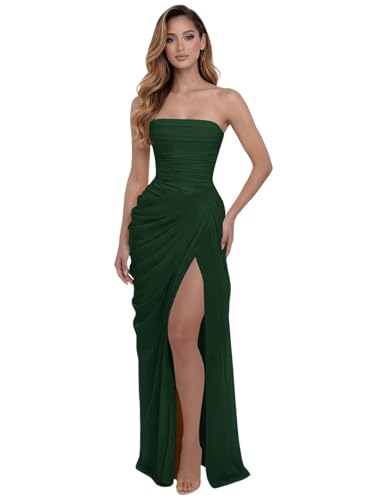 Gekaioe Strapless Long Corset Bridesmaid Dresses 2026 Emerald Green Size 2 | Maxi mermaid prom dress,elegant pleated formal gown,lace up back,side slit,secure fit for wedding,evening and other occasions