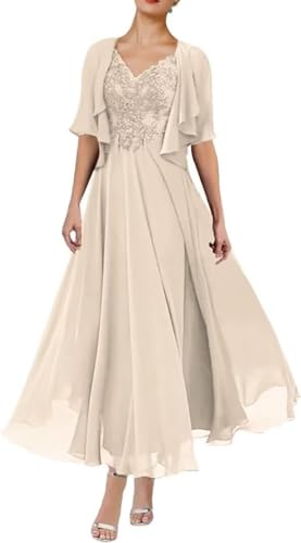 2 Pieces Lace Mother of the Bride Dress for Wedding Chiffon V Neck Formal Wedding Party Evening Gowns with Pockets Champagne US22W Plus Size