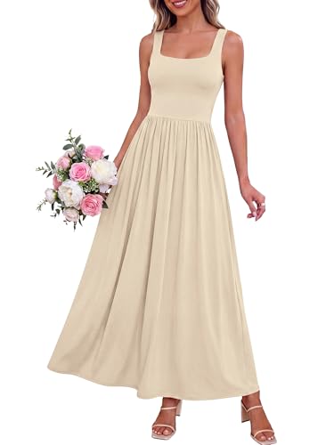 BTFBM Summer Dresses for Women 2026 Maxi Casual Square Neck Flowy Long Sundress Spring Wedding Guest Cocktail Dress(Beige, XX-Large)