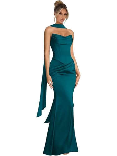 Seabinayed Long Satin Strapless Mermaid Bridesmaid Dresses Peacock 4