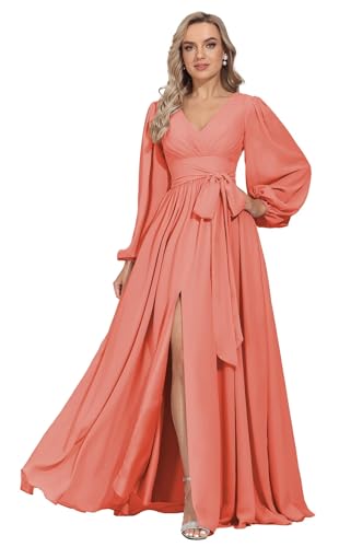Watermelon Bridesmaid Dresses for Women with Sleeves Chiffon A-Line Maxi Formal Wedding Guest Dress with Slit Size 12