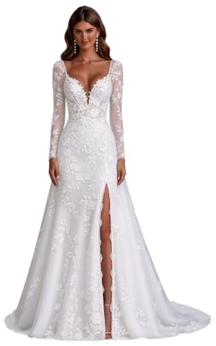 Long Sleeve Wedding Dresses for Bride Lace A-line V Neck Beach Bridal Gowns | Wedding Dress for Bride with Slit Long Sleeves Aline V Neck Vitnage Tulle Lace Luxury Bridal Gowns 2026