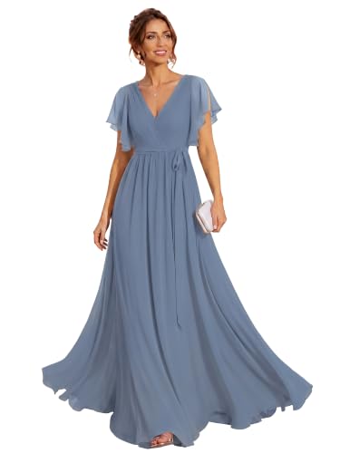 Ever-Pretty Women's Summer Chiffon V-Neck Ruffle Sleeves Bridesmaid Dresses Ruched Bust Long Formal Wedding Guest Dress Slate Blue US20