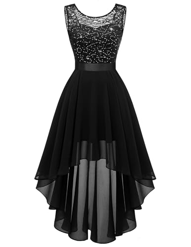 Women Lace Sequin High Low Cocktail Dress Wedding Guest Prom Gown Black XS