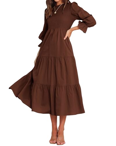 BTFBM Women Casual Long Sleeve Dress Fall Dresses 2025 Solid Color Relaxed Fit Smocked Tiered Flowy Boho Long Dresses(Solid Coffee,Medium)