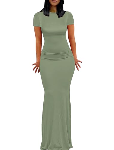 Green Dresses for Women Summer Y2K Sexy Bodycon Maxi Cap Sleeve Tight Lounge Fitted Evening Party Wedding Guest Long Formal Dress L