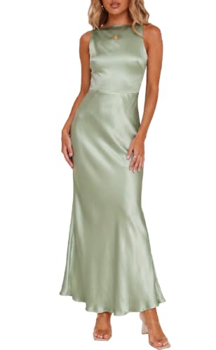 FULLVEB Summer Backless Satin Maxi Dresses for Women 2026 Formal Sage