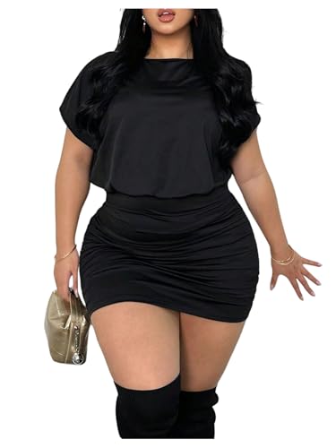 SOLY HUX Women's Plus Size Ruched Short Sleeve Bodycon Summer Mini Dress | Boat Neck, Going Out Dresses, Solid Black, Large Plus