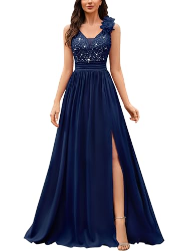 Miusol Women's V-Neck Sequined Lace Evening Maxi Dress A-Navy Blue