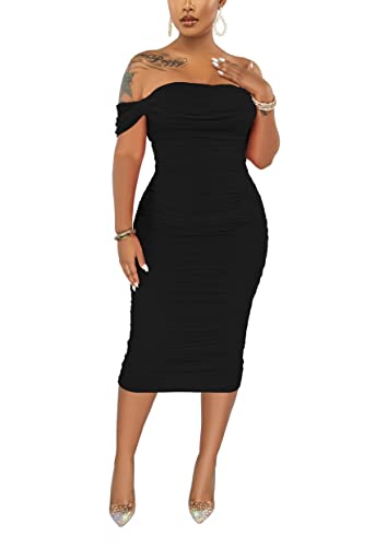 Fooullaide Women's Sexy Off Shoulder Sleeveless Bodycon Ruched Midi Dress