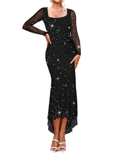 SEBOWEL Women's Floral Print Mesh Long Sleeve Bodycon Dress Ruched Mermaid Wedding Guest Dress Formal Cocktail Gown with Fish Tail Hem