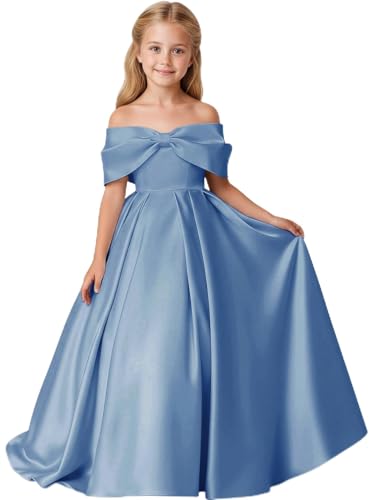 Lanbaodress Off Shoulder Flower Girl Dress 2026 Long Satin Pageant Junior Bridesmaid Dresses for Wedding with Bow Dusty Blue Size 15T