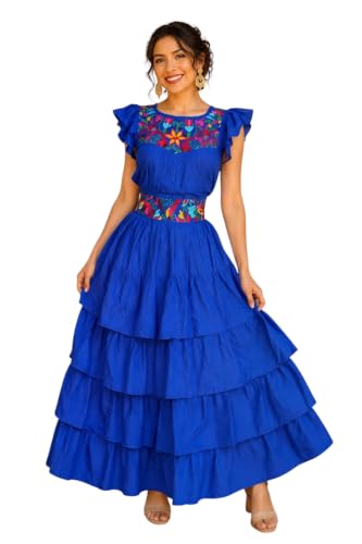 Women's Mexican Floral Embroidered Tiered Ruffle Maxi Dress (US, Alpha, Large, Regular, Regular, Royal Blue)