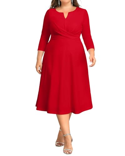 Plus Size Red Dress Wedding Guest Fall 3/4 Sleeve A-line Midi Dress