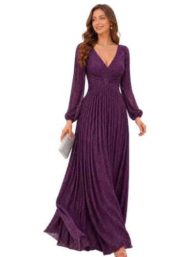 Ever-Pretty Women's V Neck Ruched High Waist Long Sleeves Floor Length Glitter Evening Dresses Purple Wisteria US08