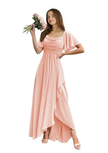 Farichos Junior Bridesmaid Dresses Chiffon Blush Pink Flower Girl Dress Ruffle Slit Long Girls First Communion Dresses Size 15