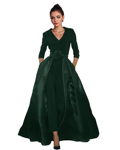 Mother of the Bride Dresses Pant Suits V Neck Formal Jumpsuits Outfit Sets for Wedding Groom Gowns with Detachable Skirt Dark Green