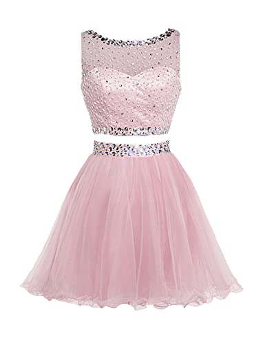 CharmingBridal 2 Piece Crystal Homecoming Dresses Boat Neck Short Prom Dress Pink
