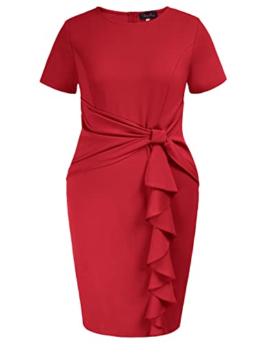 Hanna Nikole Women Plus Size Dresses Round Neck Short Sleeve Peplum Business Dress Red 24W