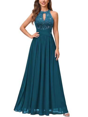 MIUSOL Women’s Halter Sleeveless Lace Chiffon Formal Evening Maxi Dress
