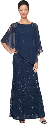 S.L. Fashions Women's Long Sequin Lace Beaded Capelet Overlay Mother of The Bride Dress, Formal Evening Gown, New Navy Capelet, 8P