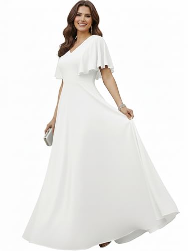 KOH KOH Plus Size Womens Short Sleeve Ruffle Elegant Modest Dressy Wedding Guest Prom Bridesmaid Cocktail Party Flowy Long Tall Formal Maxi Dress Dresses Gown Gowns, Ivory White 2XL 18-20