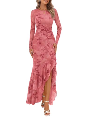 MEROKEETY Women's Fall Wedding Guest Cocktail Maxi Dresses, Pink, XL