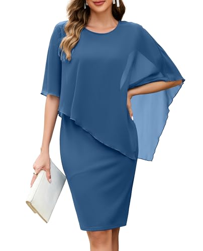 oten Women's Crew Neck Sleeveless Sheath Cape Chiffon Wedding Guest Birthday Party Dress Summer Dresses for Women 2026 Gray Blue Large
