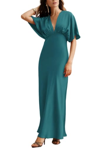 Women's Deep V Neck Satin Maxi Dress Batwing Sleeve Elegant Teal Blue M