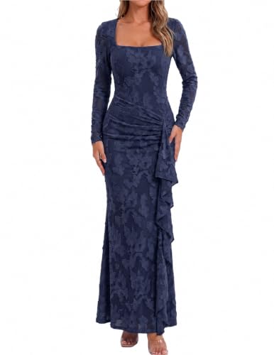 Kaximil Womens Floral Wedding Guest Cocktail Formal Maxi Dress, M, Navy | Long Sleeve, Square Neck, Bodycon, Mesh, Prom Dress, Elegant Party Long Dress