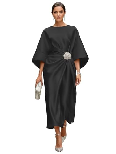 RYANTH Black Satin Mother of The Bride Dresses for Women Plus Size Tea Length Formal Wedding Guest Dress US22W