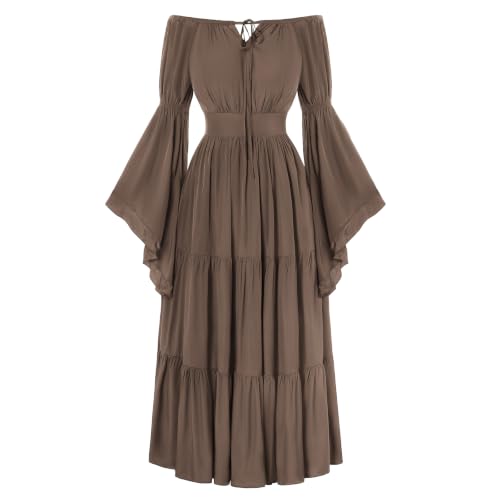 Renaissance Dress Women Long Sleeve Off Shoulder Dresses Khaki L