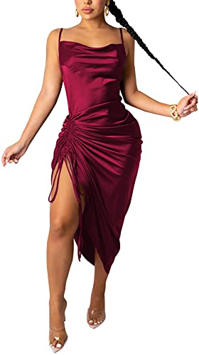 WUSENST Women's Spaghetti Strap Satin Dress Sexy Backless Drawstring Ruched Split Hem Cocktail Evening Party