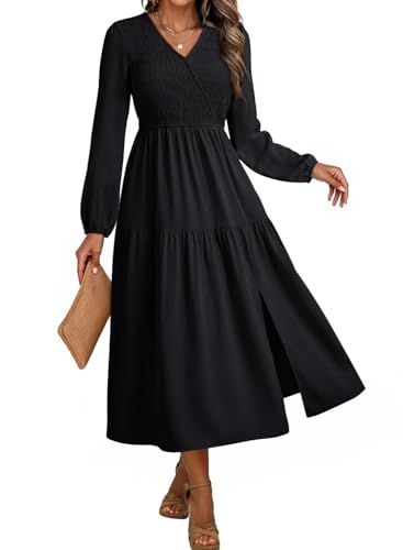 Dokotoo Fall Dresses for Women 2026 V Neck Solid Maxi Dress Long Sleeve Smocked Tiered Wedding Guest Dress Plus Size Dresses Black X-Large